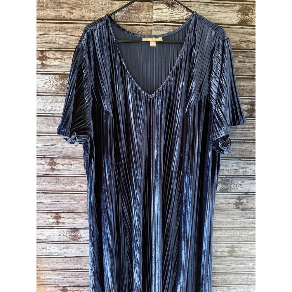 Woman Within Women's Short-Sleeved Maxi Dress Size 30W Blue Velour Ribbed V-Neck